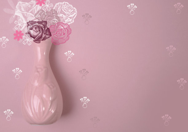 粉红色背景上绘有玫瑰的粉红色花瓶图片下载
