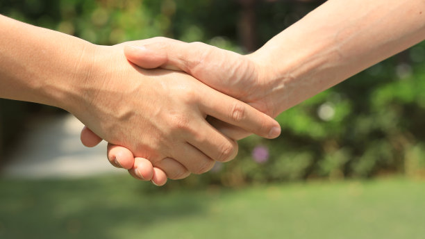 团队合作的自然理念，这是年轻人在自然和虚景的背景下握手图片下载