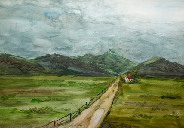 水彩手工画风景与丘陵，小建筑和路径下戏剧性的天空。图片下载