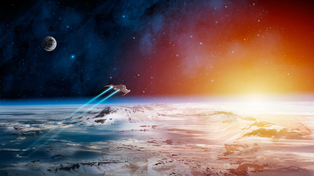 空间背景。宇宙飞船在有行星、太阳和蓝色星云的山景之上飞行图片下载