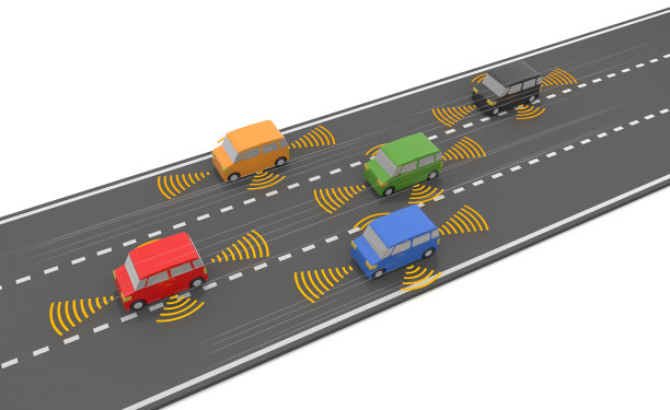 自动行驶的汽车五颜六色的车。三维渲染图片下载