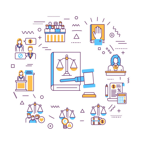 法律和正义网络横幅。类型的法院。司法。法院工作人员。信息图与线性图标在白色的背景。创意概念。孤立轮廓彩色插图图片下载