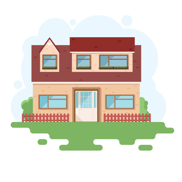时尚的房子映衬着天空等元素的环境。平房风格的房子。向量图片下载