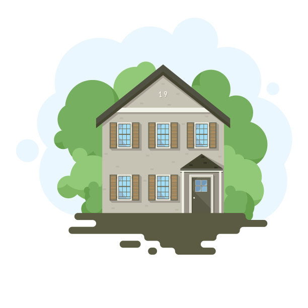 时尚的房子映衬着天空等元素的环境。平房风格的房子。向量图片下载