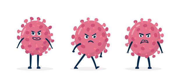 冠状病毒- COVID-19细菌载体图标设置。愤怒的卡通病毒字符2019-nCoV信号。素材图片
