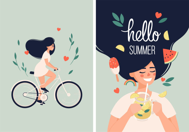 快乐的女人手里拿着柠檬水，骑着自行车素材图片