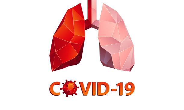 红色健康低聚人肺，Covid-19文字横幅。摘要解剖器官与冠状病毒多边形图标图片下载