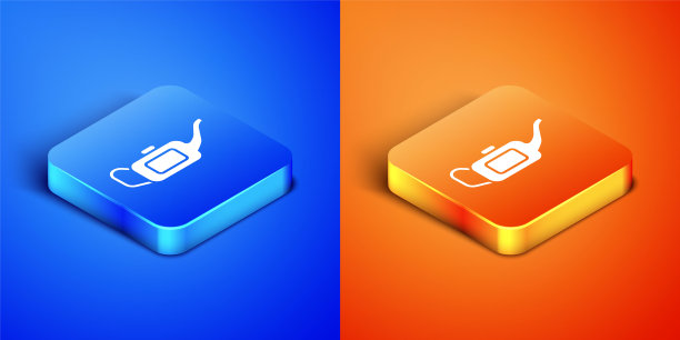 等距筒电机机油图标隔离在蓝色和橙色背景。油价每加仑。换油服务和维修。方形按钮。矢量图图片下载