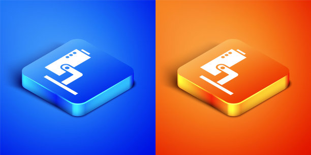 等距安全摄像头图标隔离在蓝色和橙色的背景。方形按钮。矢量图图片下载