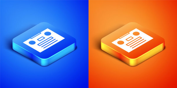 等距复古磁带图标隔离在蓝色和橙色的背景。方形按钮。矢量图图片下载