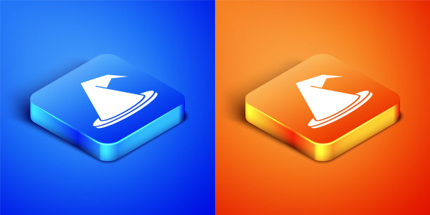 等距女巫帽图标孤立在蓝色和橙色的背景。快乐的万圣节派对。方形按钮。矢量图图片下载