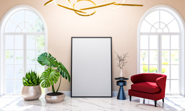 现代经典豪华客厅室内背景与模拟海报框架，3D渲染图片下载