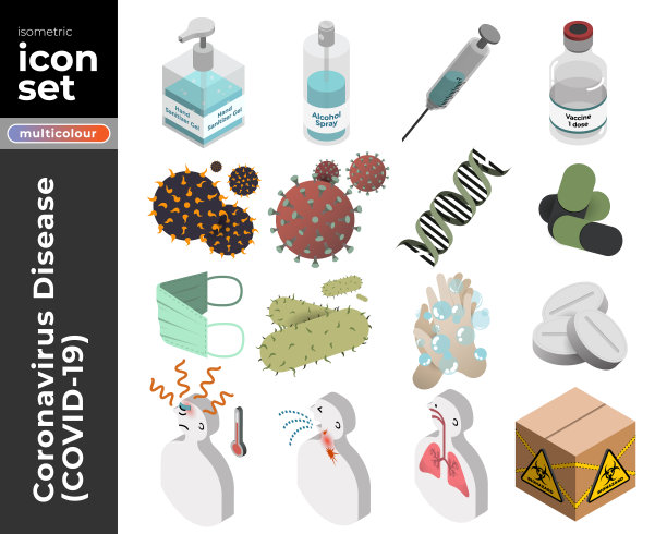 冠状病毒病(COVID-19)等距图标集。矢量插图。图片下载
