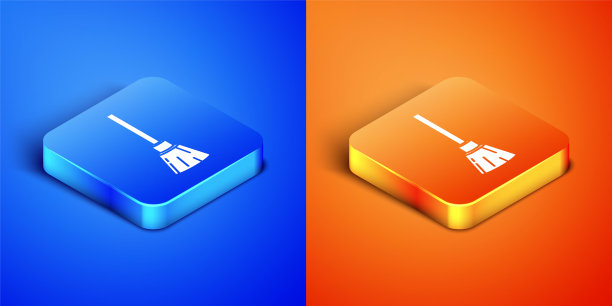 等距女巫扫帚图标孤立在蓝色和橙色的背景。快乐的万圣节派对。方形按钮。矢量图图片下载