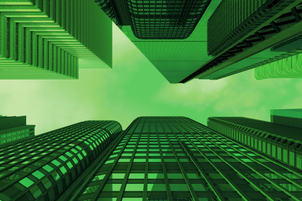 圣帕特里克节的城市天际线之间的摩天大楼。一个虚拟城市的3D渲染。图片下载