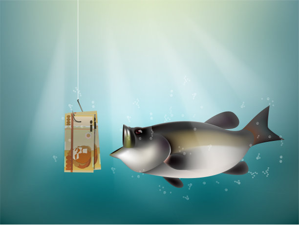 港元钞票上有鱼钩，钓鱼用港元钞票作鱼饵，香港投资风险概念构思图片下载