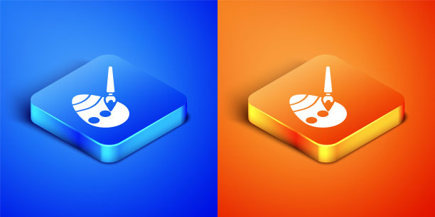 等距的复活节彩蛋和画笔图标隔离在蓝色和橙色的背景。复活节快乐。方形按钮。矢量图图片下载