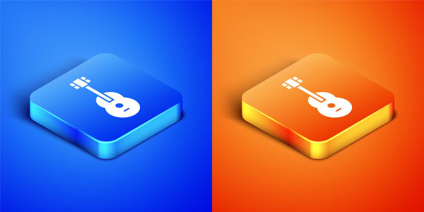 等距吉他图标孤立在蓝色和橙色的背景。木吉他。弦的乐器。方形按钮。矢量图图片下载