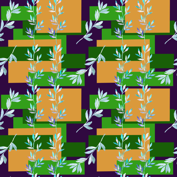 在彩色背景上的树叶和树枝的图案。图片下载