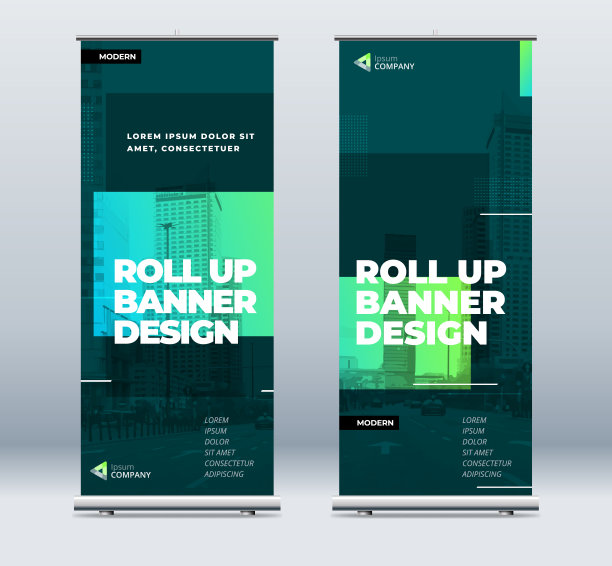 绿色商业的旗帜。摘要滚动的背景演示。可垂直卷起、x型展架、展览展示、可伸缩的旗帜展架或会议、论坛旗帜设计布局。图片下载