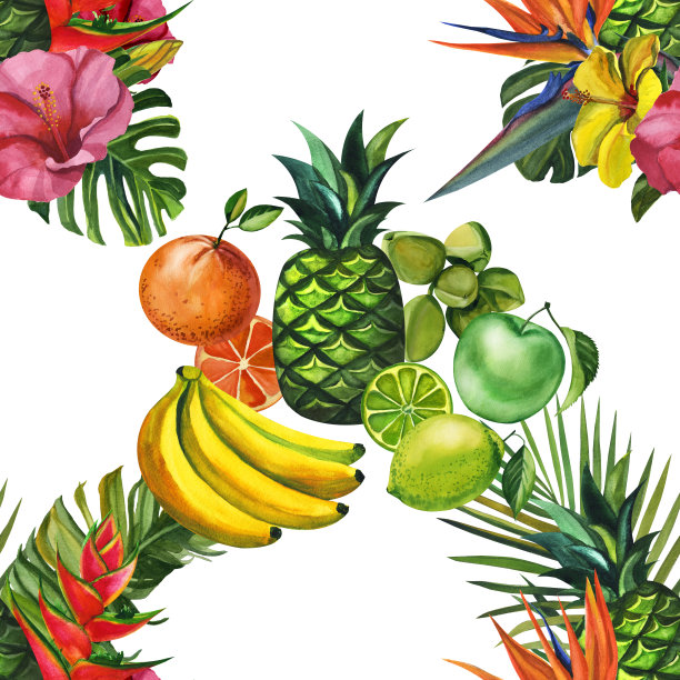 水彩无缝花卉图案与水果手绘装饰背景。印刷纺织品，布料，墙纸，剪贴簿图片下载