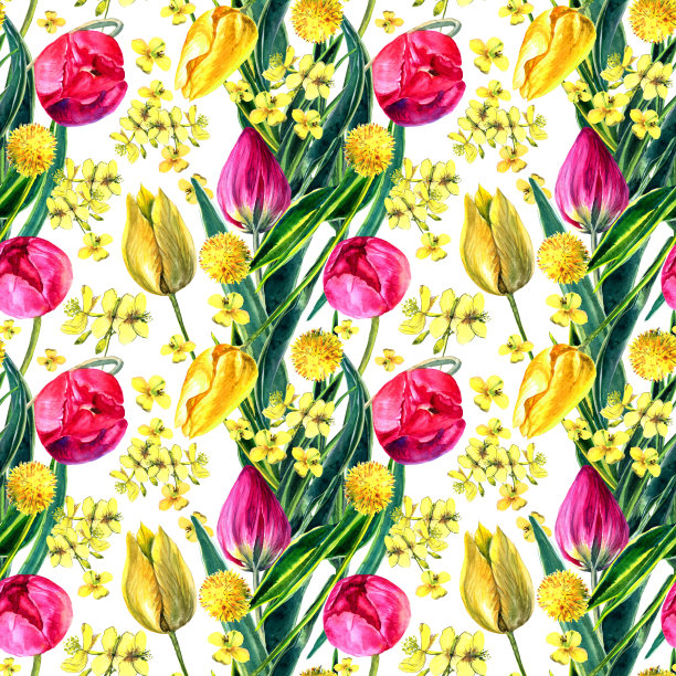 明亮的水彩郁金香。无缝模式。春季和夏季设计的纺织品，织物，壁纸，背景，包装，包装纸，封面。图片下载