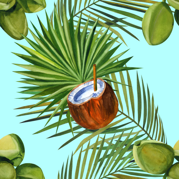 水彩无缝图案与椰子手绘装饰背景。印刷纺织品，布料，墙纸，剪贴簿图片下载