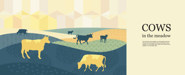 水平的农业背景。日落。牛的剪影。图片下载