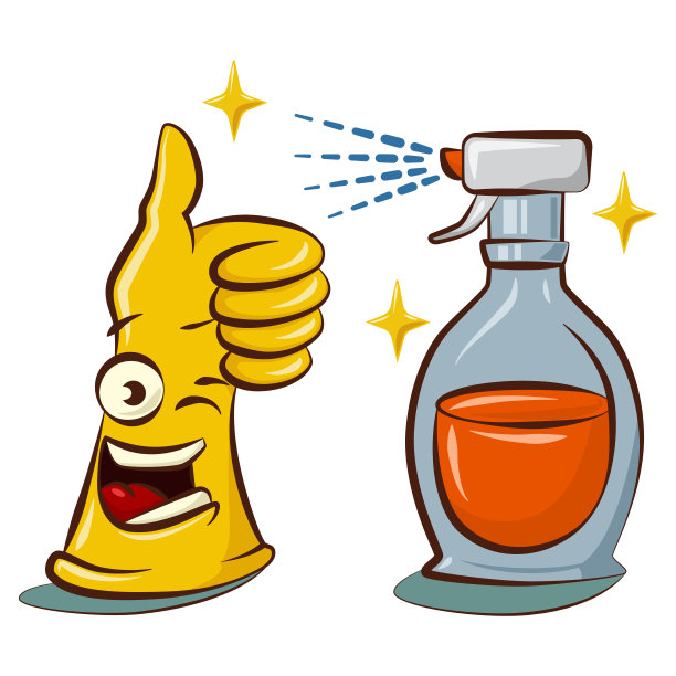 可爱的黄色橡胶手套卡通人物与清洁喷雾瓶。清洁工具在手插图孤立的白色背景。图片下载