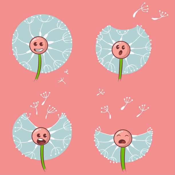 脱发阶段向量集。可爱的蒲公英字符。秃顶卡通插图。图片下载