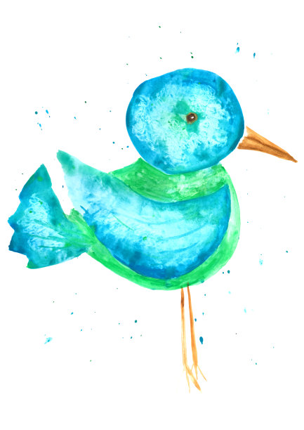 水彩蓝色和绿色的鸟与彩色飞溅在白色的背景。图片下载
