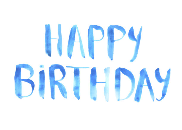 白色背景上的蓝色水彩标志生日快乐。绿松石手写体的生日卡片。图片下载