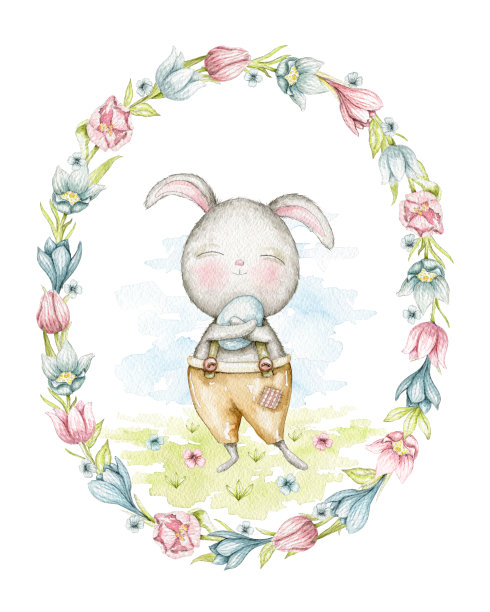 水彩复活节兔子男孩在米色裤子拥抱一个蓝色的鸡蛋在风景在椭圆形的花卉框架图片下载