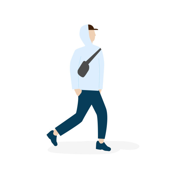 一个戴棒球帽的年轻人正在走路。平面卡通人物孤立在白色背景。eps图片下载