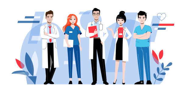医疗保健和医学概念。男女医生在一起工作。人们随时准备咨询和治疗病人。卡通线性轮廓扁平风格。矢量图素材图片