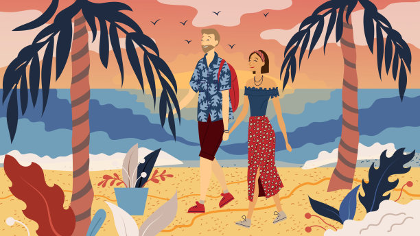 约会的概念。恋爱中的情侣在海边散步。人们交流，享受一起度过的时间。美丽的日落在棕榈海滩的海边。卡通平的风格。矢量图图片下载