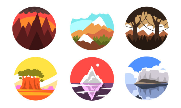 野生自然景观在圆圈收集，美丽的风景在一天不同的时间矢量插图图片下载