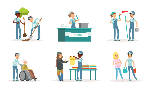 义工收集、青年助老、粉刷墙壁、植树、清洁和分类垃圾矢量插画图片下载