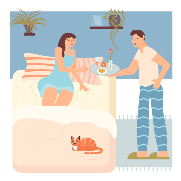 男人在床上准备早餐图片下载