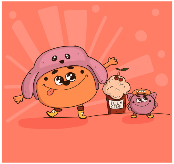 矢量字符。一只橙色的熊戴着一顶紫色的帽子和他的紫色的小伙伴，喜欢吃一个棕色的玻璃杯里的香草冰淇淋，穿着时髦的黄色靴子。矢量插图。图片下载