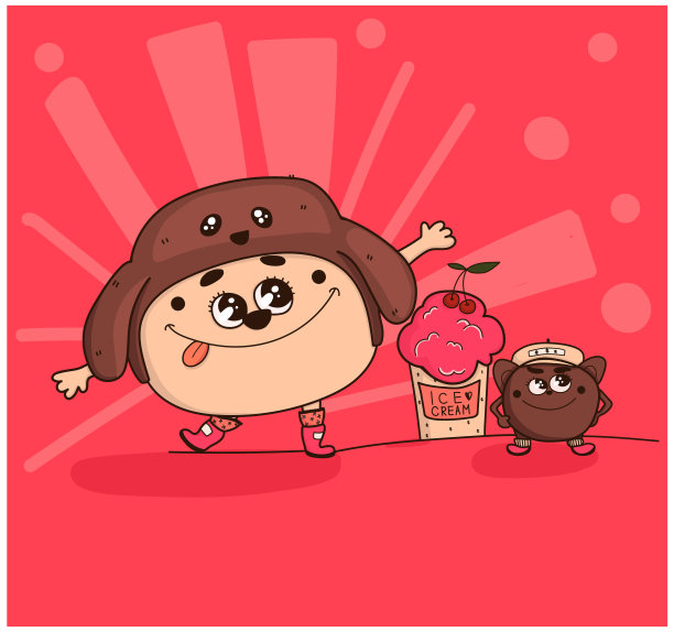 矢量插图。一只米黄色的熊戴着一顶棕色的帽子，和他的小的、深棕色的朋友，喜欢吃米黄色玻璃杯里的覆盆子冰淇淋，穿着时尚的粉红色靴子。图片下载