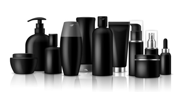 美容产品。黑色空白容器和瓶豪华喷雾或霜隔离载体包装模型集图片下载