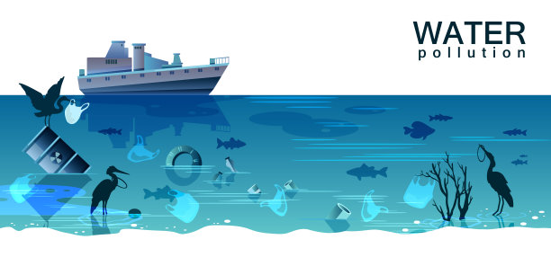 水的污染概念与油轮，废物，塑料袋，瓶子，轮胎，桶，鸟，鱼在时尚的蓝色。海洋污染背景与复制空间。图片下载