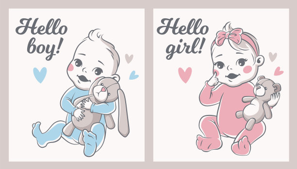 婴儿洗澡。婴儿男孩和女孩生日贺卡公告，欢迎女儿和儿子新生派对，卡通向量邀请卡图片下载