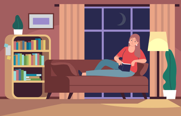 坐在沙发上看书的女人。小女孩在卧室沙发上灯光下看书，放松居家休息的平面矢量概念图片下载