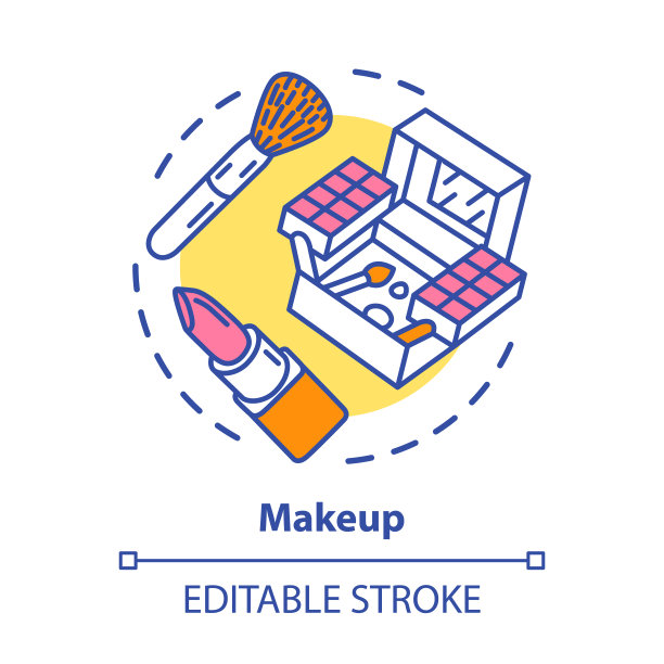 化妆品概念图标。化妆师套装，设备理念细线插画。眼影，口红和画笔矢量孤立轮廓绘制。化妆品、美容产品。可编辑的中风图片下载