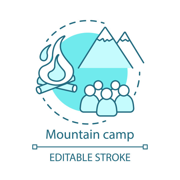 山营地概念图标。夏季徒步露营俱乐部，度假胜地构思细线插画。登山，攀岩。矢量孤立轮廓绘制。可编辑的中风图片下载