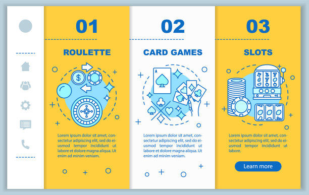 博彩游戏上的移动网页矢量模板。轮盘赌，老虎机，纸牌游戏。响应式智能手机网站界面与线性图标的想法。网页演练步骤屏幕。颜色的概念图片下载