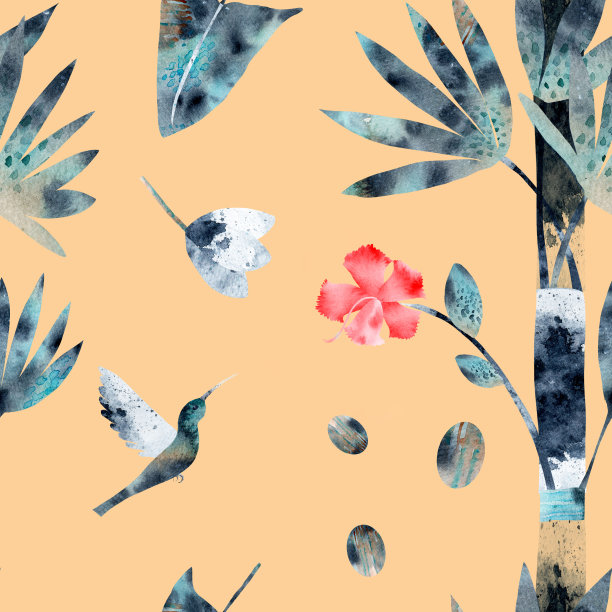水彩无缝抽象图案与热带植物，棕榈树，蜂鸟鸟，木槿，椰子在黄色的背景。用于各种装饰。图片下载