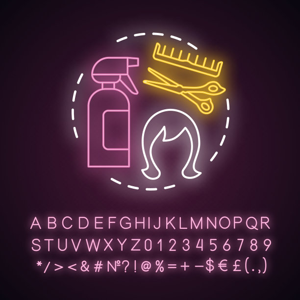 女性理发霓虹灯概念图标。头发护理和治疗产品。发型的想法。理发师沙龙设备。有字母、数字和符号的发光符号。向量孤立的插图图片下载